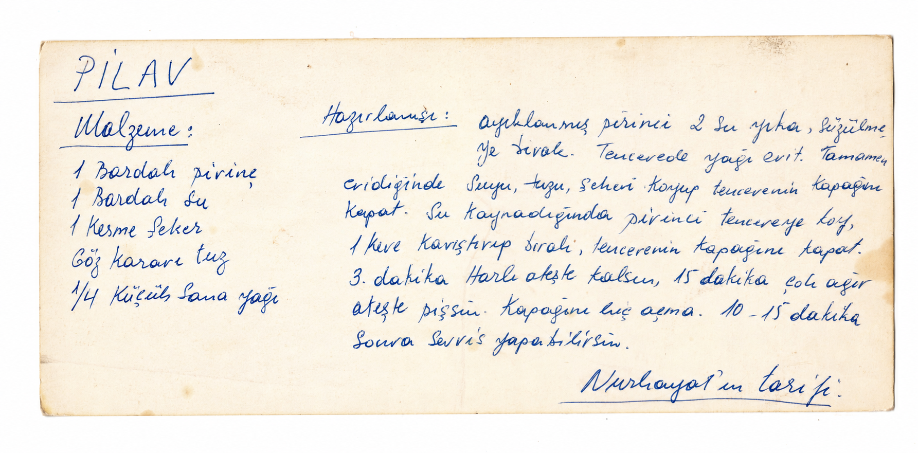 Nurhayat'ın pilav tarifinin el yazısı kartı